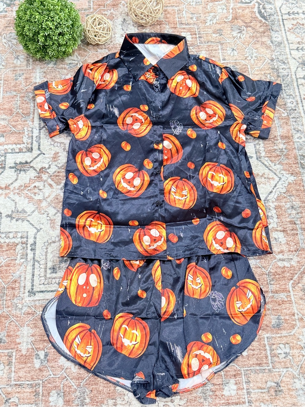 Kids Pumpkin Halloween Pajama Set - Black & Orange